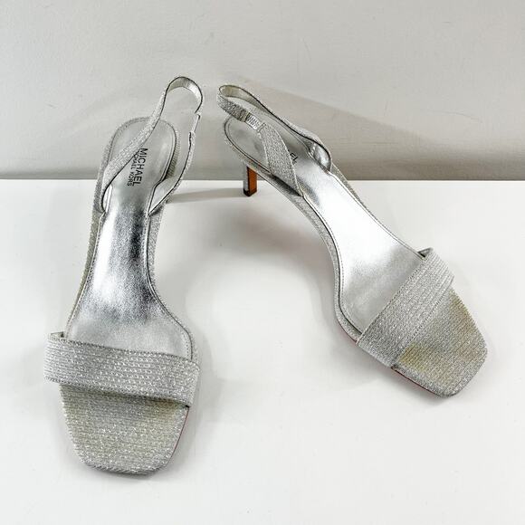 Michael Kors Pixie Fine Glitter Mila Slingback Kitten Heel Sandals Silver 9.5 - Picture 4 of 8